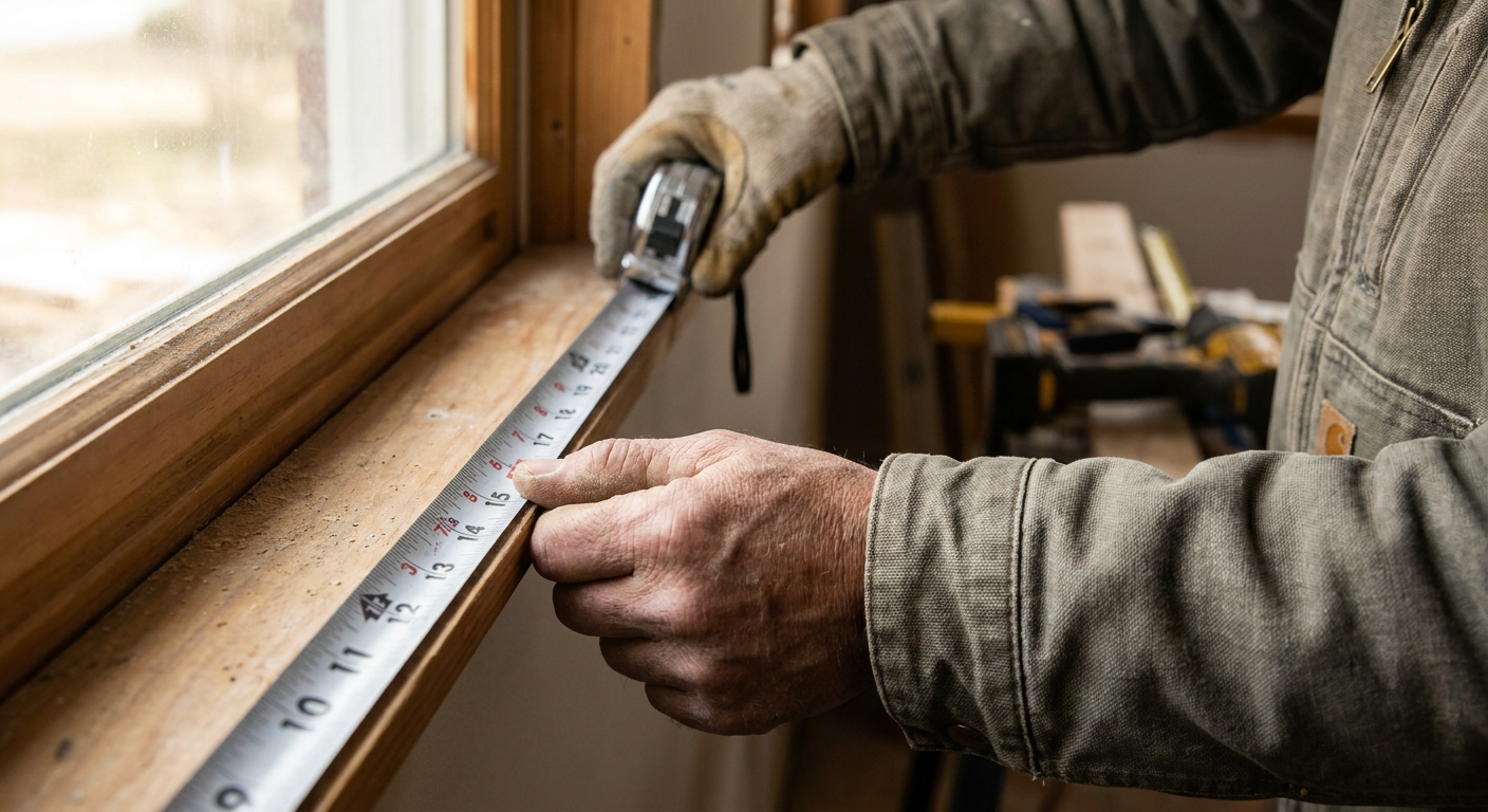 bricoleur mesurant une feuillure de fenêtre avec un mètre ruban avant remplacement de vitre
