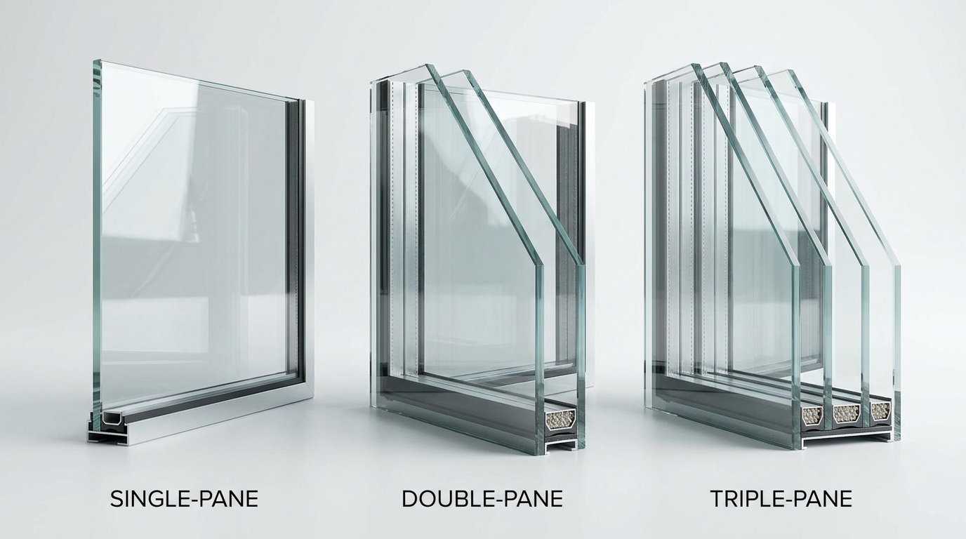 schéma comparatif simple vitrage double vitrage triple vitrage avec lame d'air